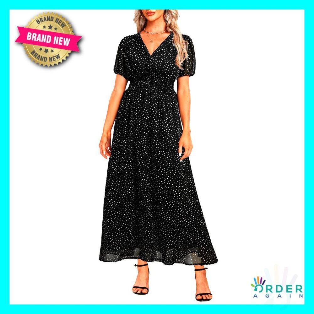 Boho Floral Chiffon Dress Smocked Waist V-Neck Casual Summer Swing Midi